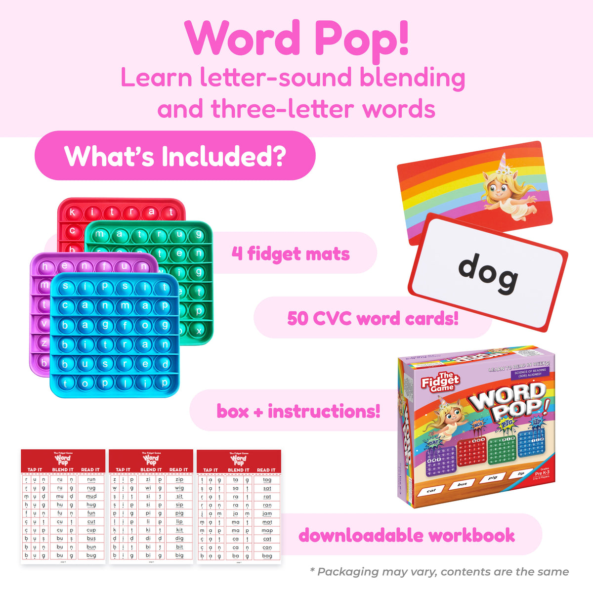 Word Pop phonics game bundle with fidget mats, word cards, and instruction box