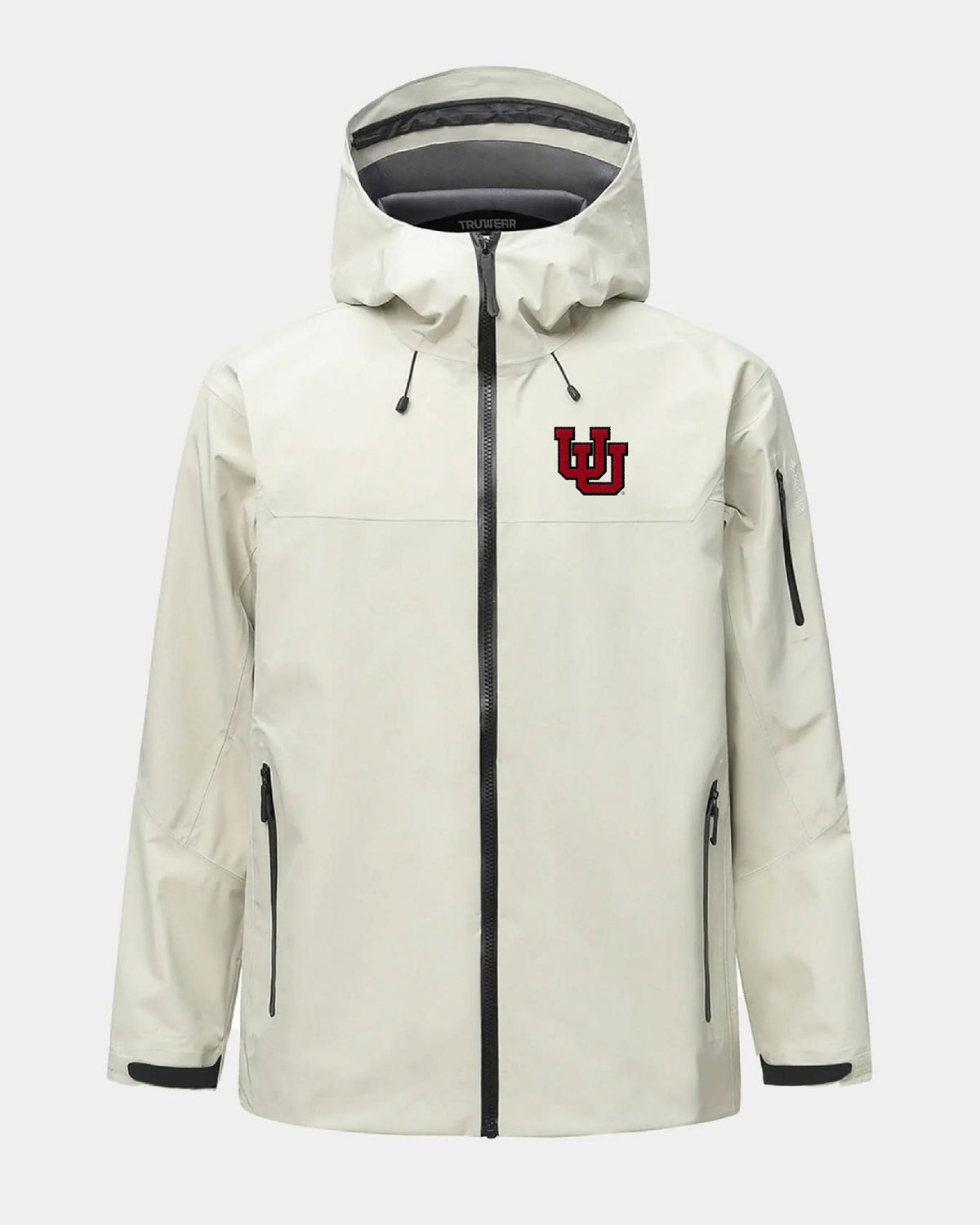Bone hooded jacket with full zipper and red 'UU' chest logo.
