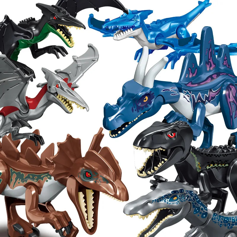 Assorted dinosaur building block figures in black, blue, green, gray, and brown with teeth
