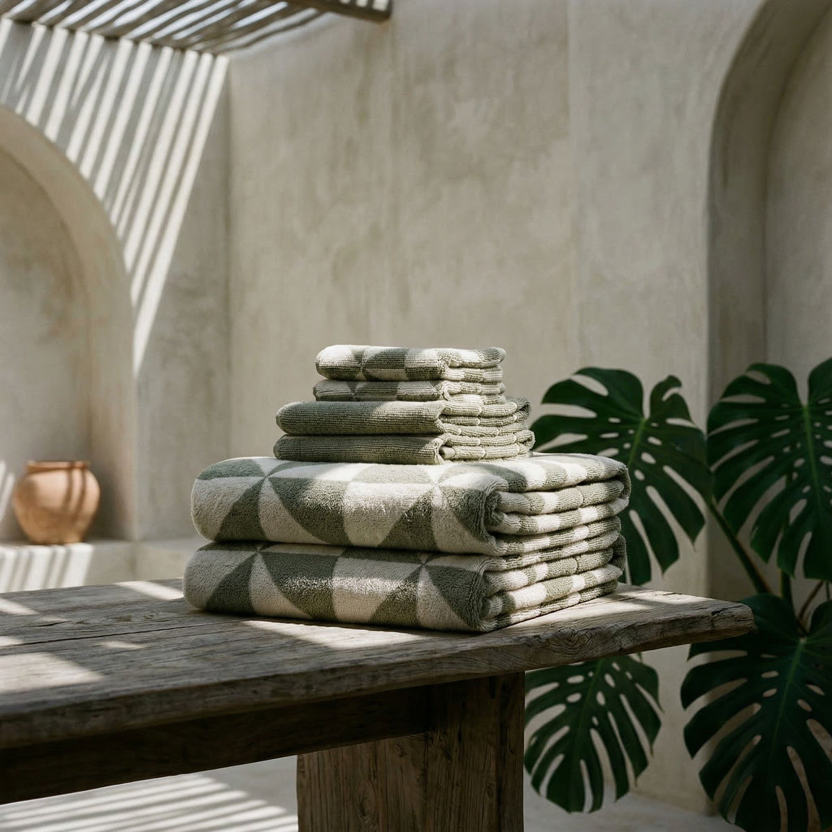 Cotton towel set in sage green and ecru plaid, folded stack on display