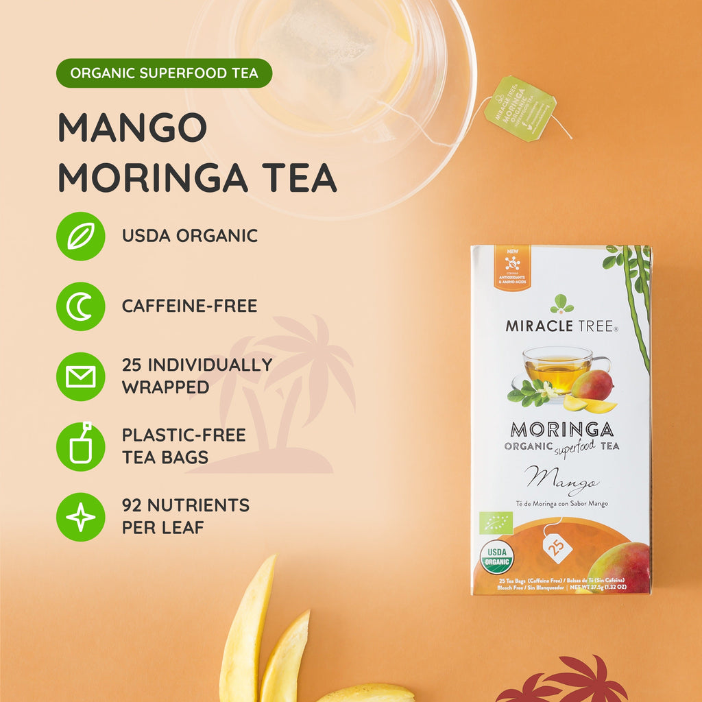 Miracle Tree mango moringa tea bags, caffeine-free, 25 individually wrapped box
