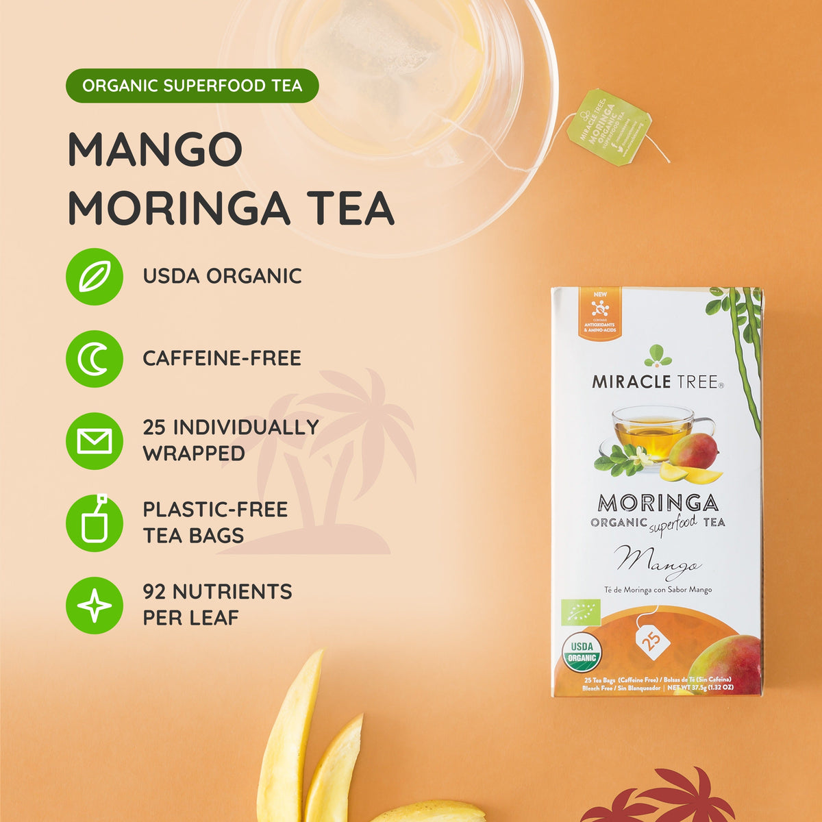 Miracle Tree mango moringa tea bags, caffeine-free, 25 individually wrapped box
