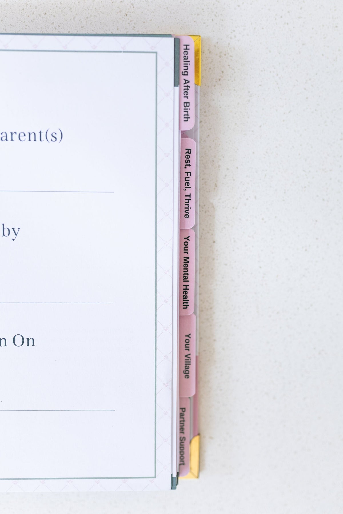Postpartum planner book edge with color tabs and printed section titles