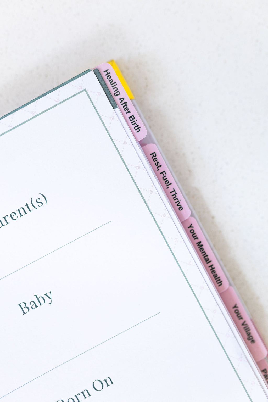 Postpartum planner close-up with tab text and headings Baby and Born On