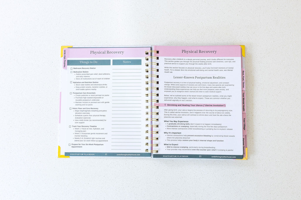 Opened postpartum planner with Physical Recovery sections across two pages