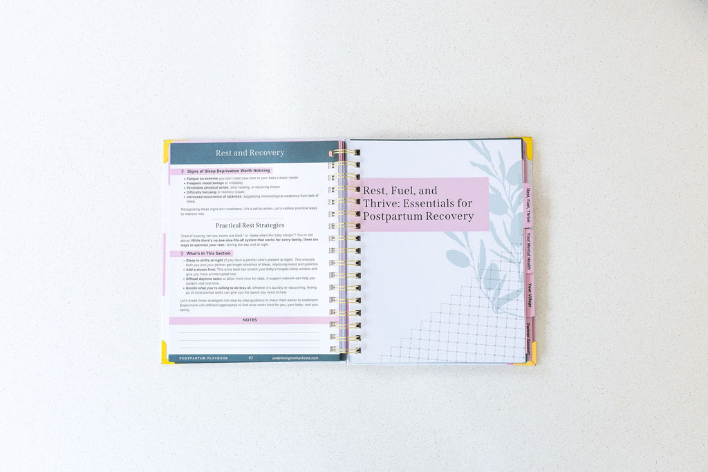 Opened postpartum planner featuring Rest and Recovery section pages