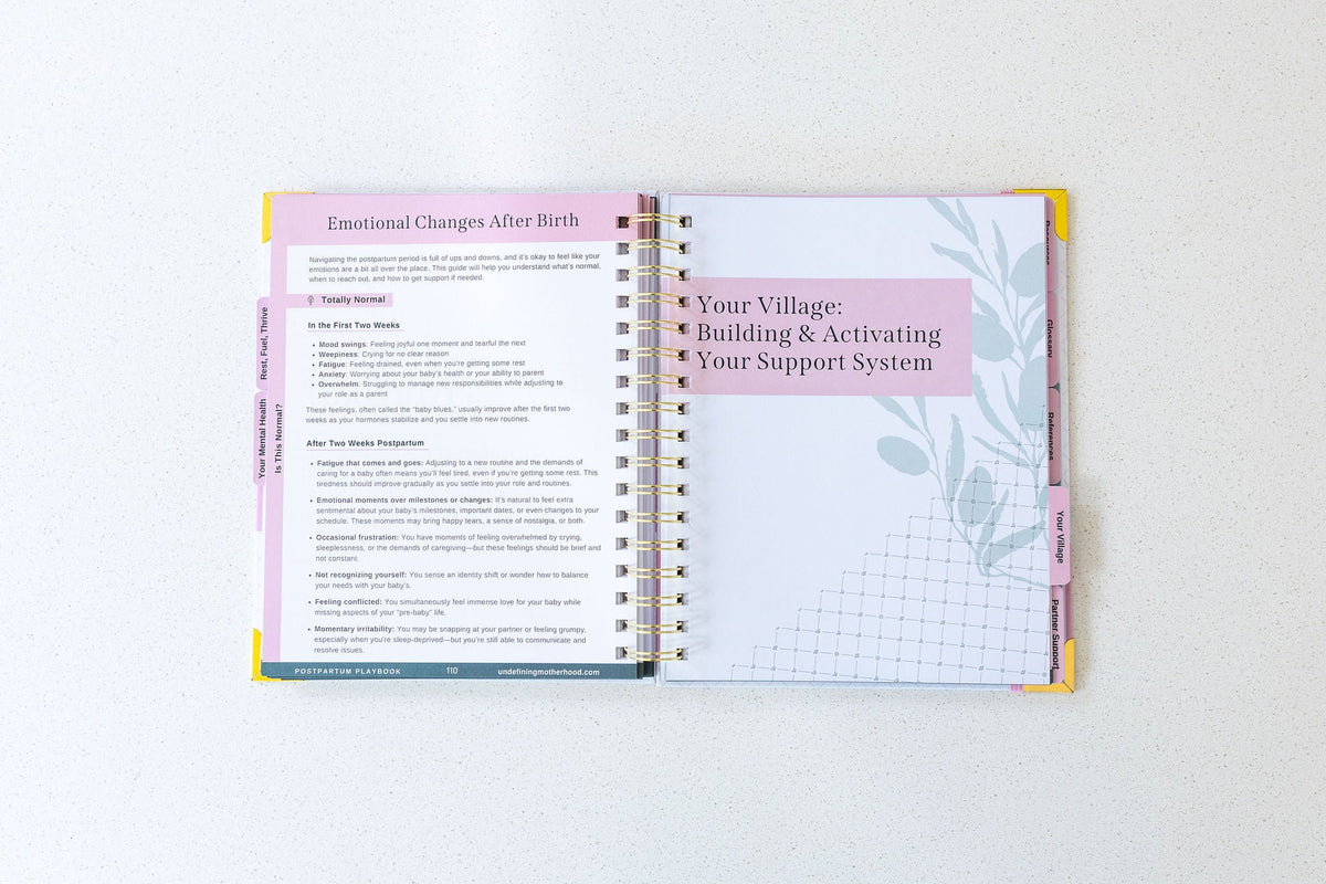 Opened postpartum planner with Emotional Changes After Birth page on the right