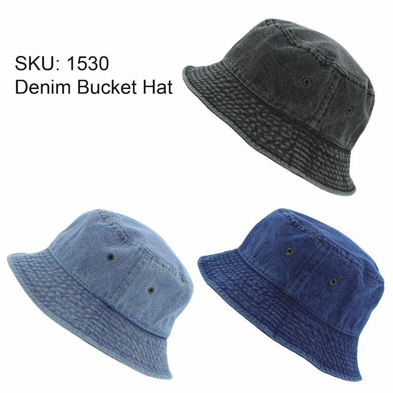 Black denim bucket hat with stitched brim and eyelet vents on crown