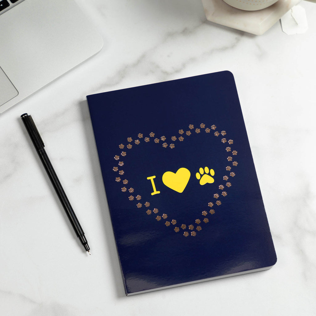 Navy notebook journal with paw-print wreath and yellow heart "I heart" graphic