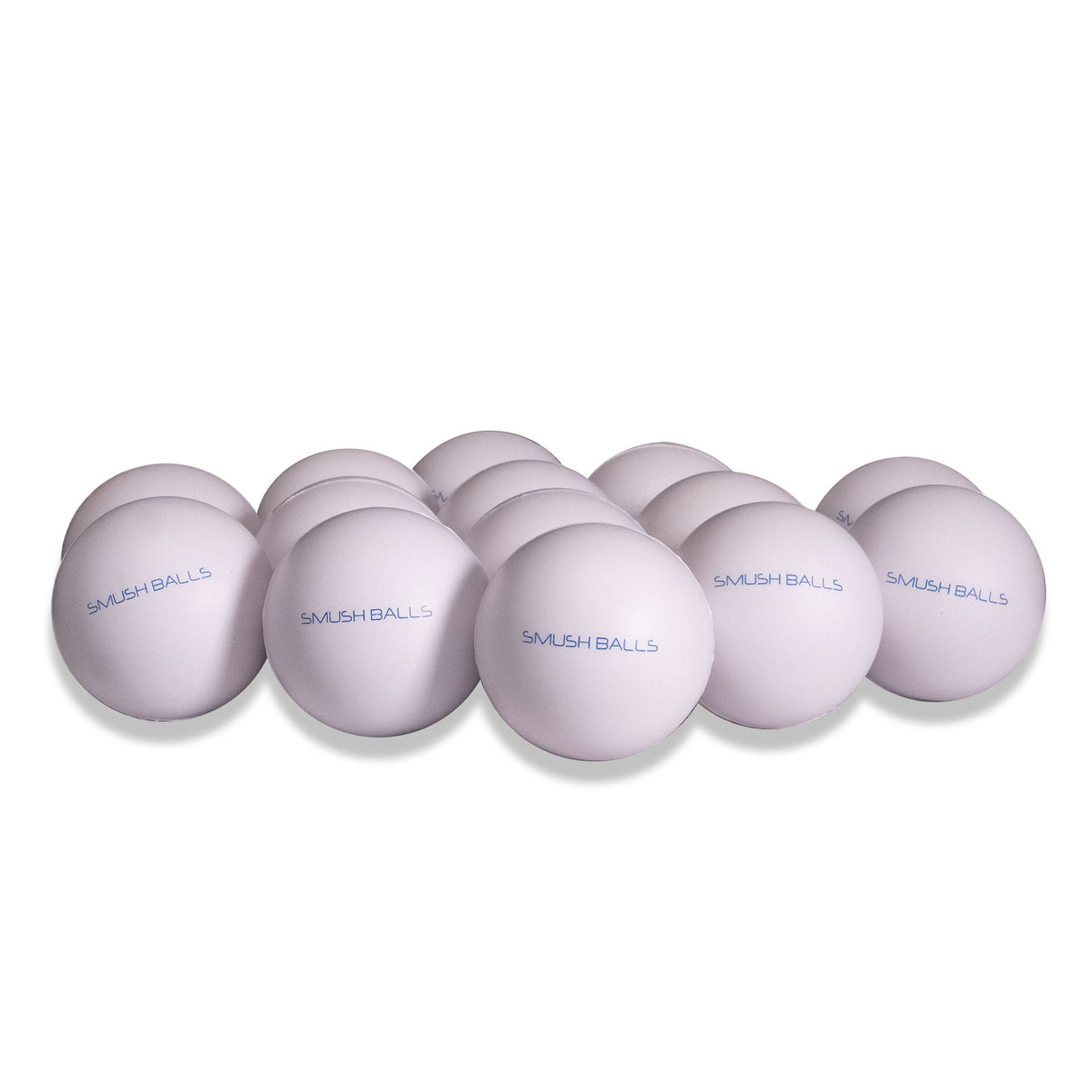 White SMUSH BALLS stress balls, round foam balls with SMUSH BALLS logo.
