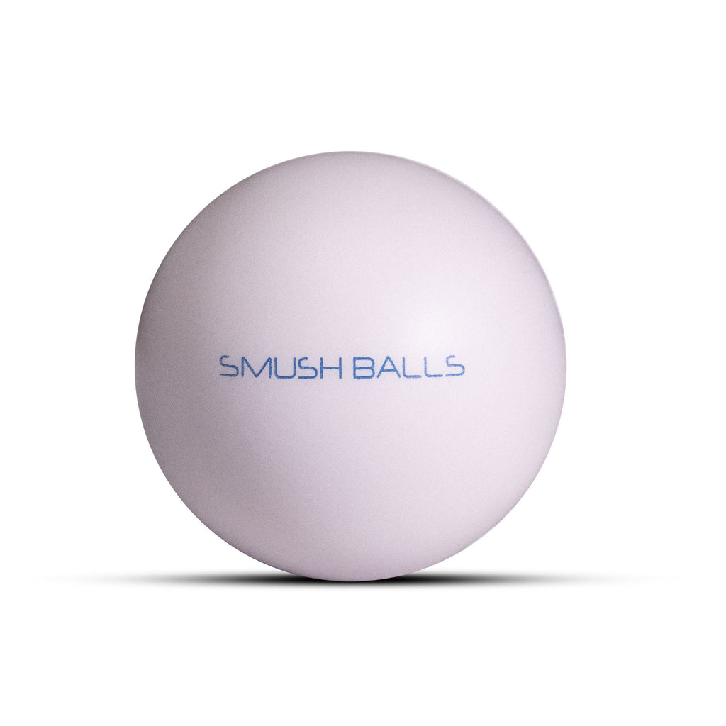Single white SMUSH BALLS stress ball with SMUSH BALLS logo on front.
