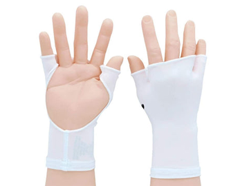 White palm-free sun gloves with five-finger open hand design and short wrist cuffs