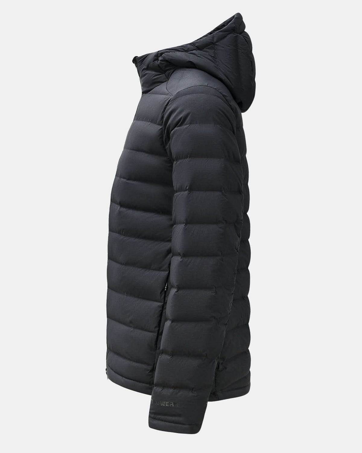 Black puffer down jacket with hood and insulated side panels, sleeve and cuff visible
