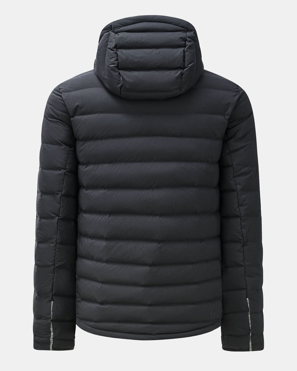 Black puffer down jacket with hood and curved quilted back panel design