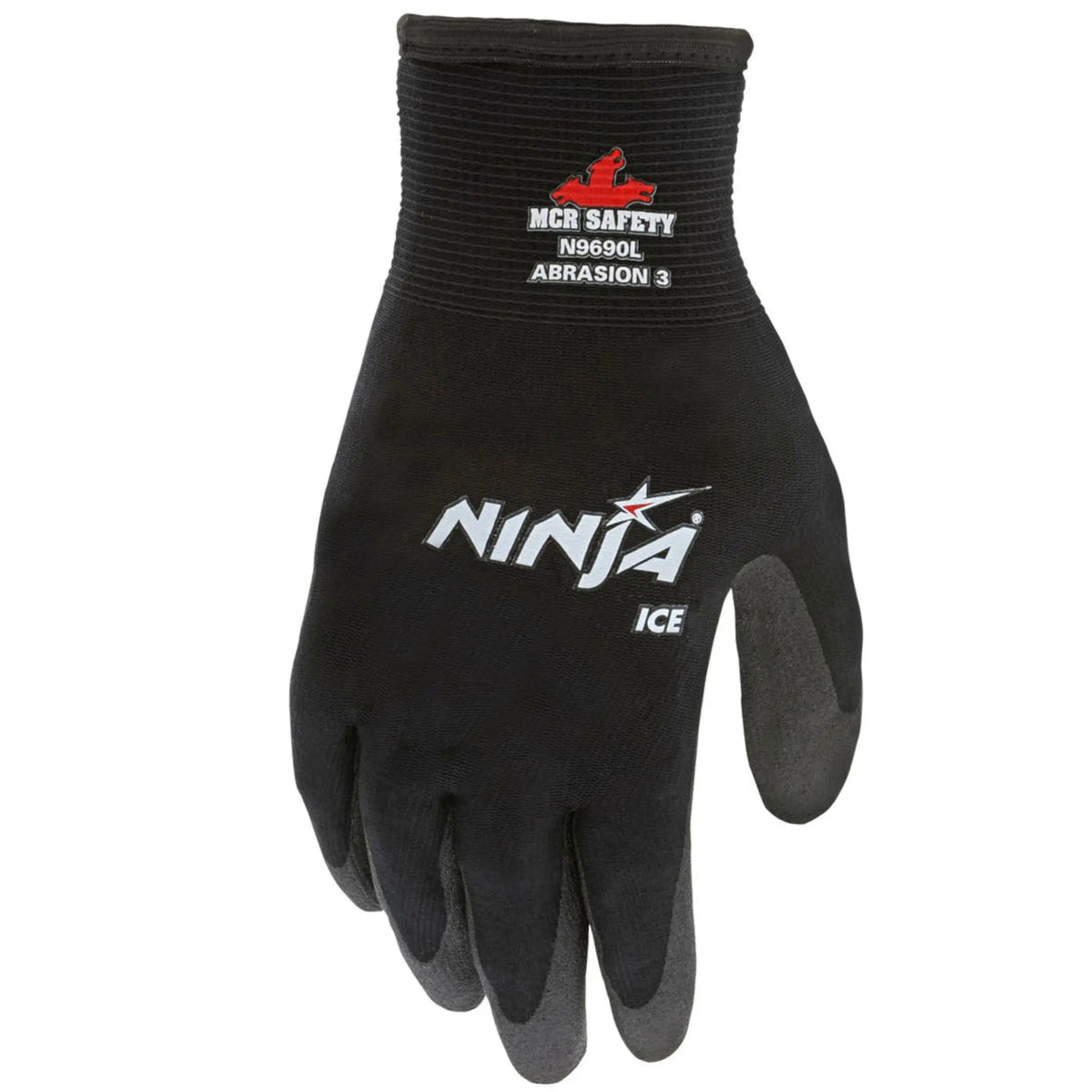 Black insulated work glove, Ninja Ice logo, ribbed knit cuff, foam-coated palm