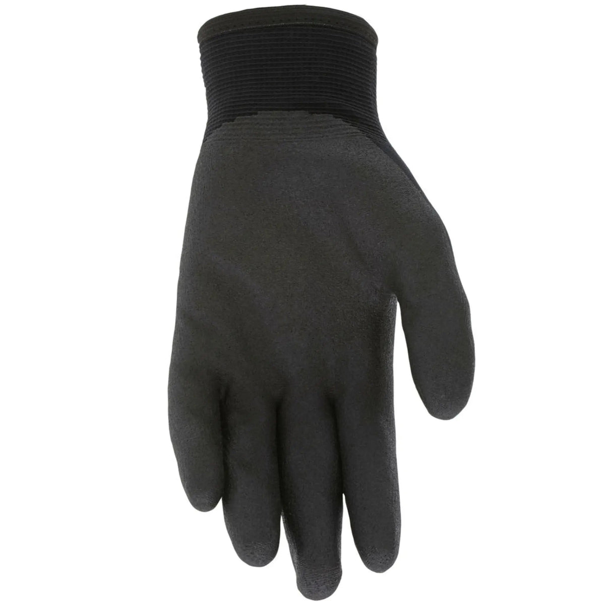 Black insulated work glove, plain back with ribbed cuff, foam-coated fingers