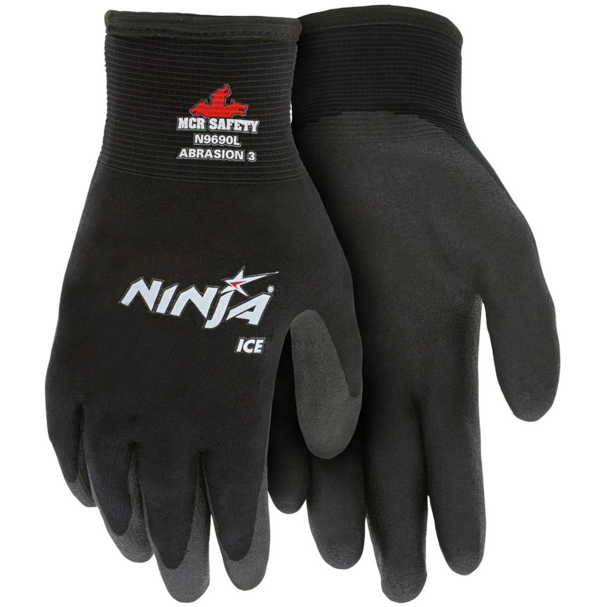 Black insulated work gloves, Ninja Ice logo, ribbed knit cuffs, foam-coated palm