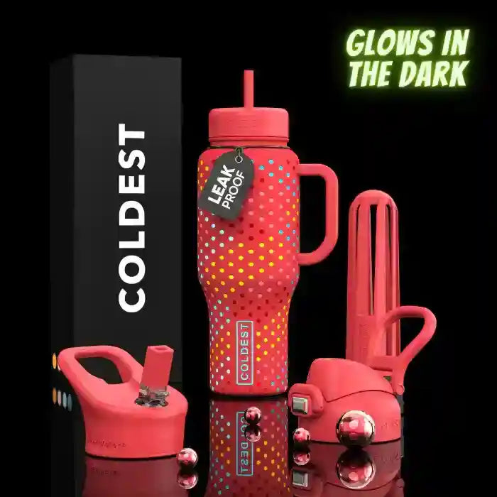 36oz insulated water bottle with red dot pattern, straw lid, and side handle
