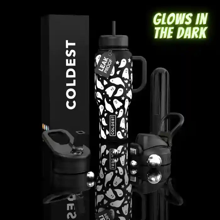 36oz insulated water bottle with handle and straw, black-and-white ghost graphic