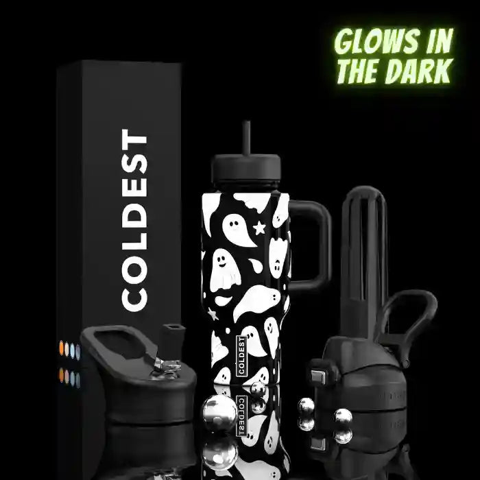 24oz Limitless Ultra v8 tumbler in black with white spooky skeleton-style print and handle