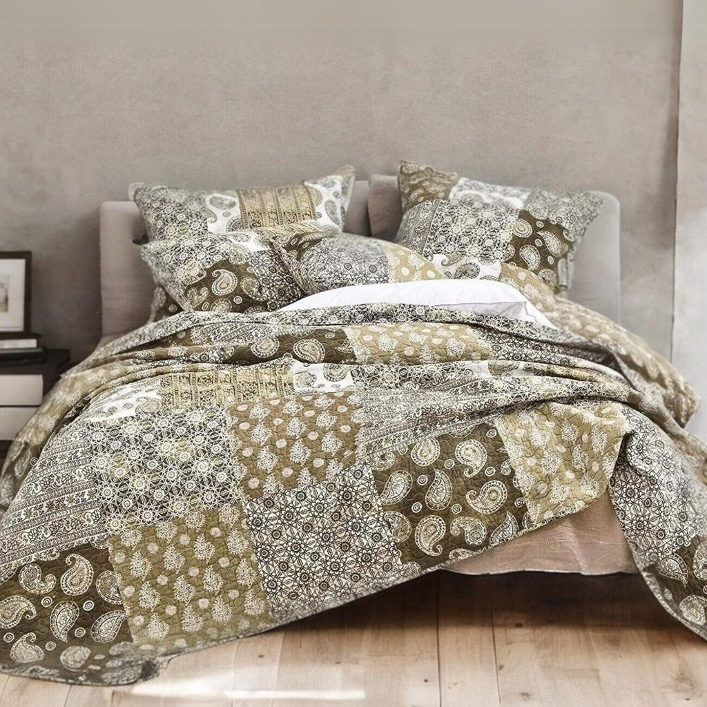 DaDa Bedding Bohemian Olive Brown Moroccan Paisley Floral Filigree Patchwork Cotton Bedspread Set (JHW-885)