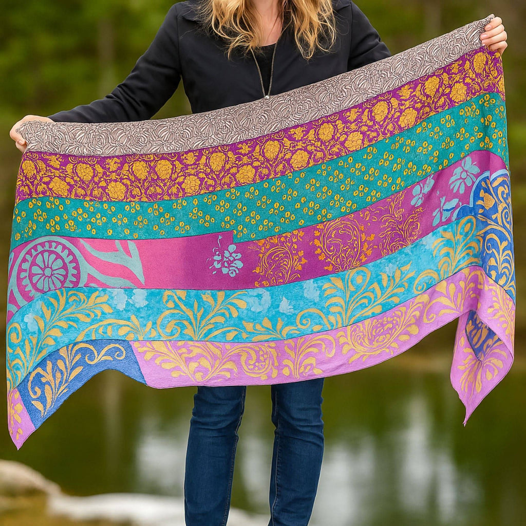 Large multicolor patchwork scarf with teal, purple, and magenta floral motifs.