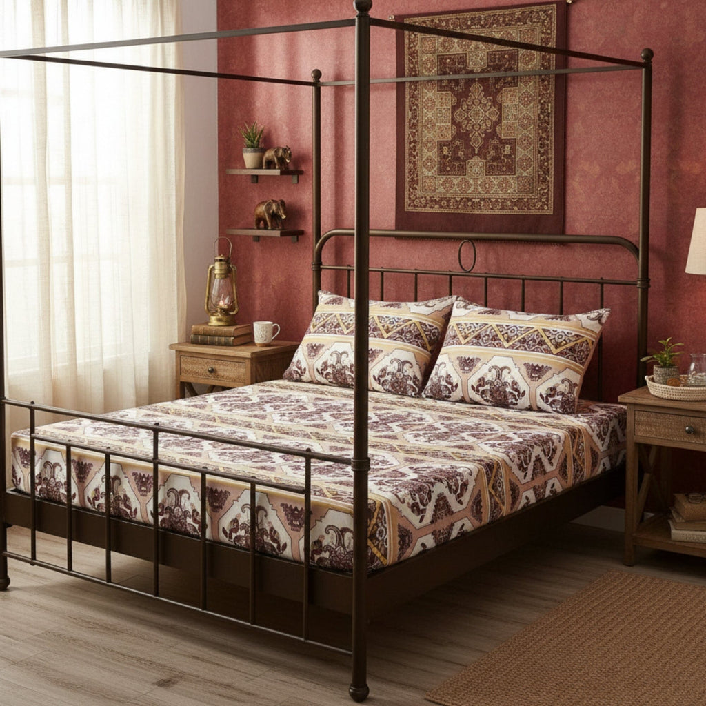 Fitted sheet and pillowcases set with traditional kilim geometric medallion print in burgundy