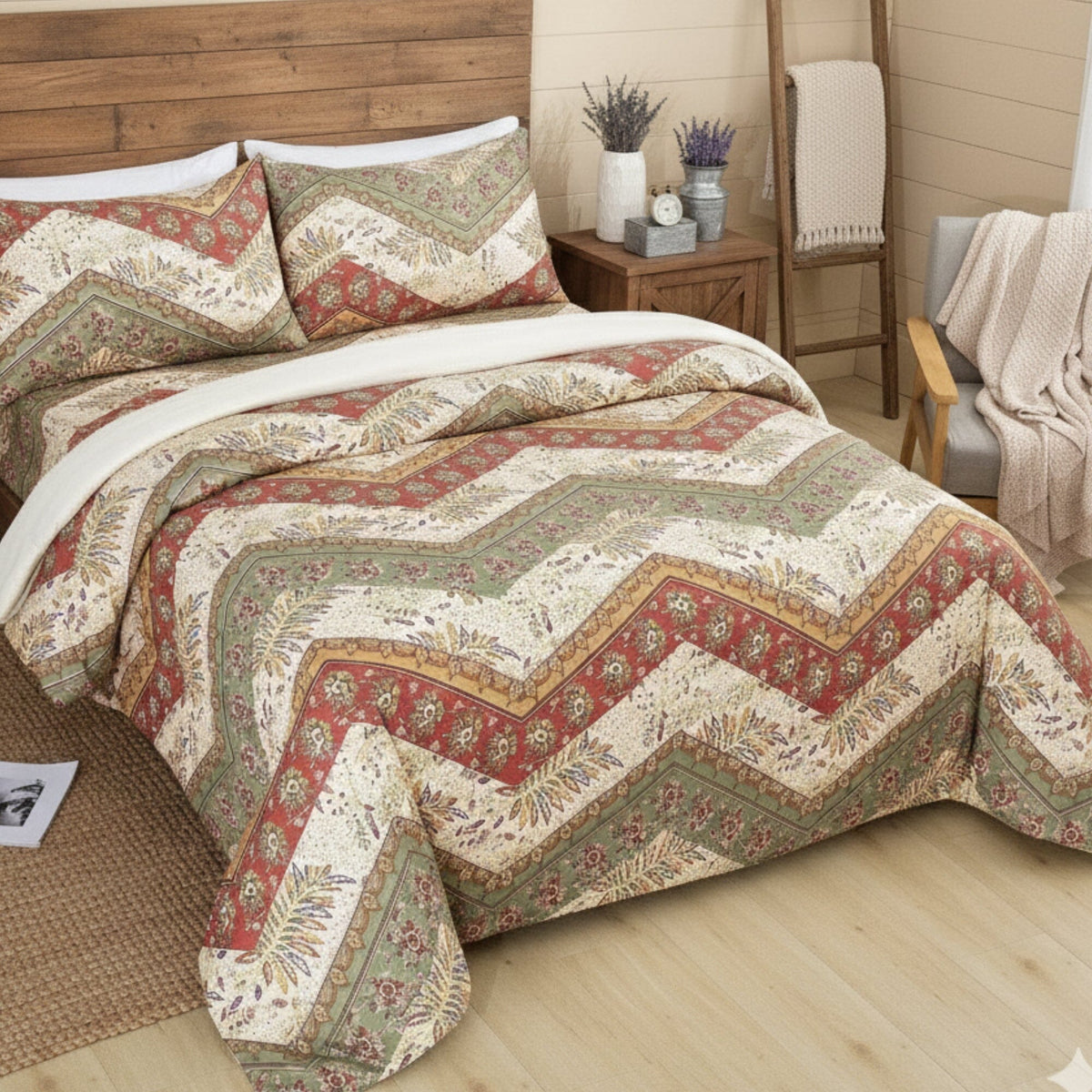 Floral chevron duvet cover set with matching pillow covers, red sage and beige pattern