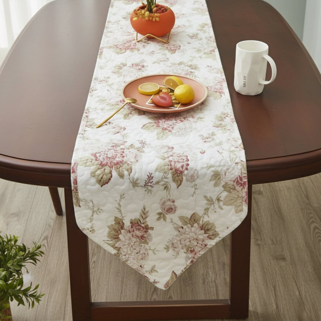 DaDa Bedding Hint of Mint Cottage Floral Roses Quilted Cotton Dining Table Runner (3036)