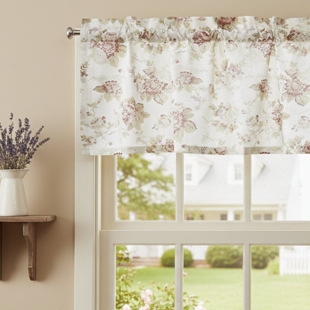 Pastel rose floral semi-sheer window valance with gathered top, white