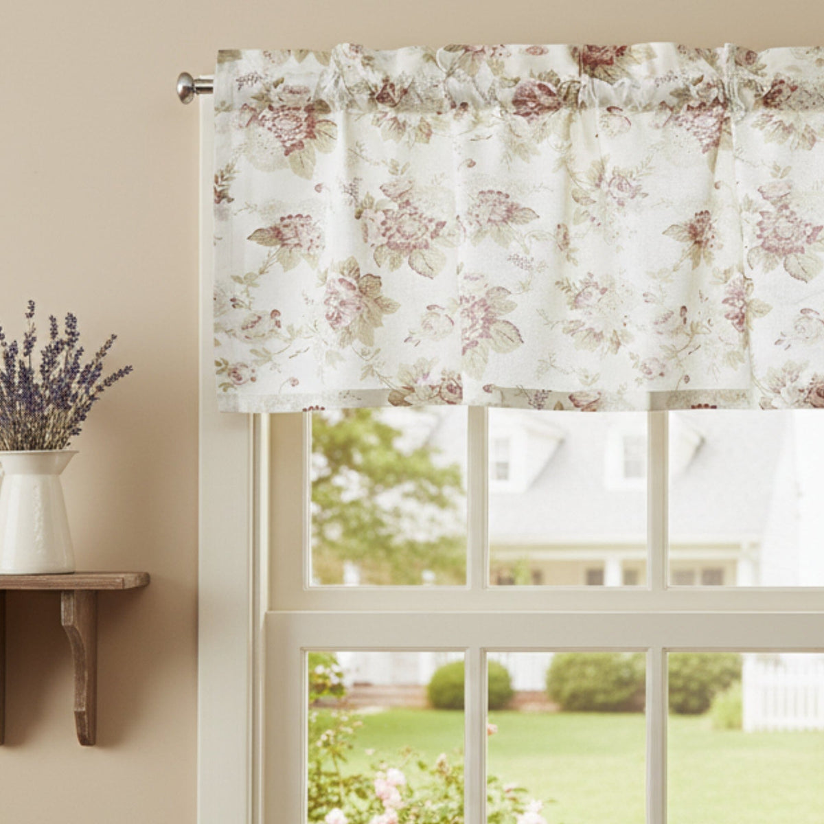 Pastel rose floral semi-sheer window valance with gathered top, white