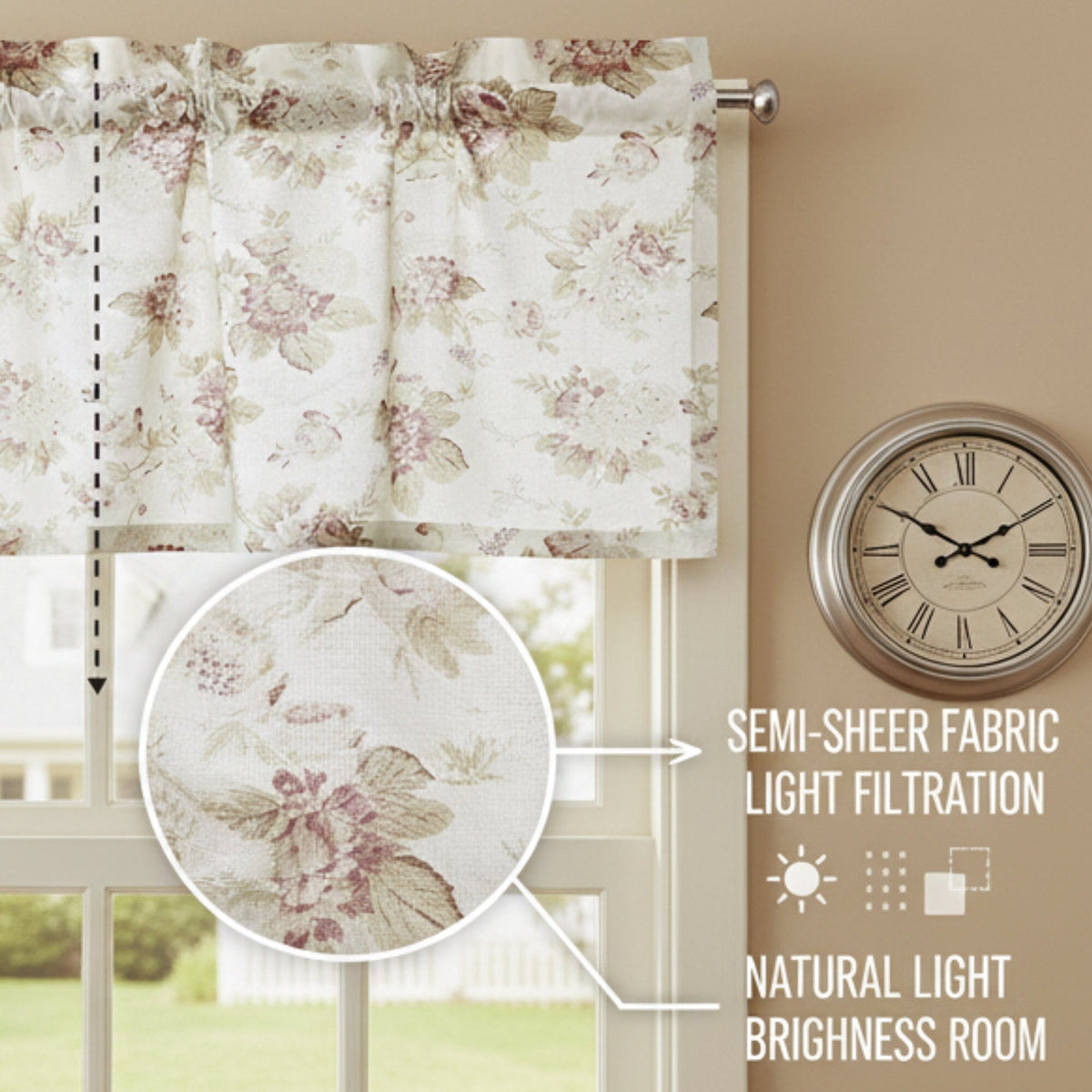 Pastel rose floral semi-sheer valance with soft ruffled bottom