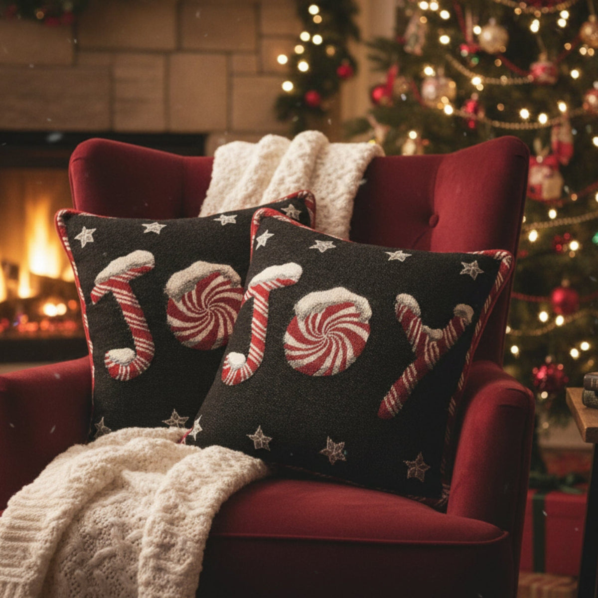 Black throw pillow cover with peppermint swirls, candy canes, and white stars on front