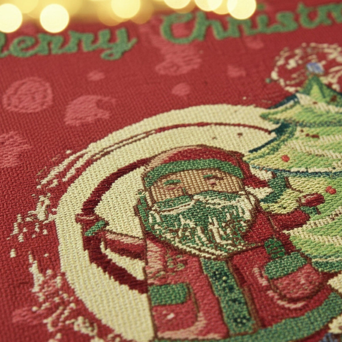 Red Christmas tapestry placemat close-up of Santa and Christmas text