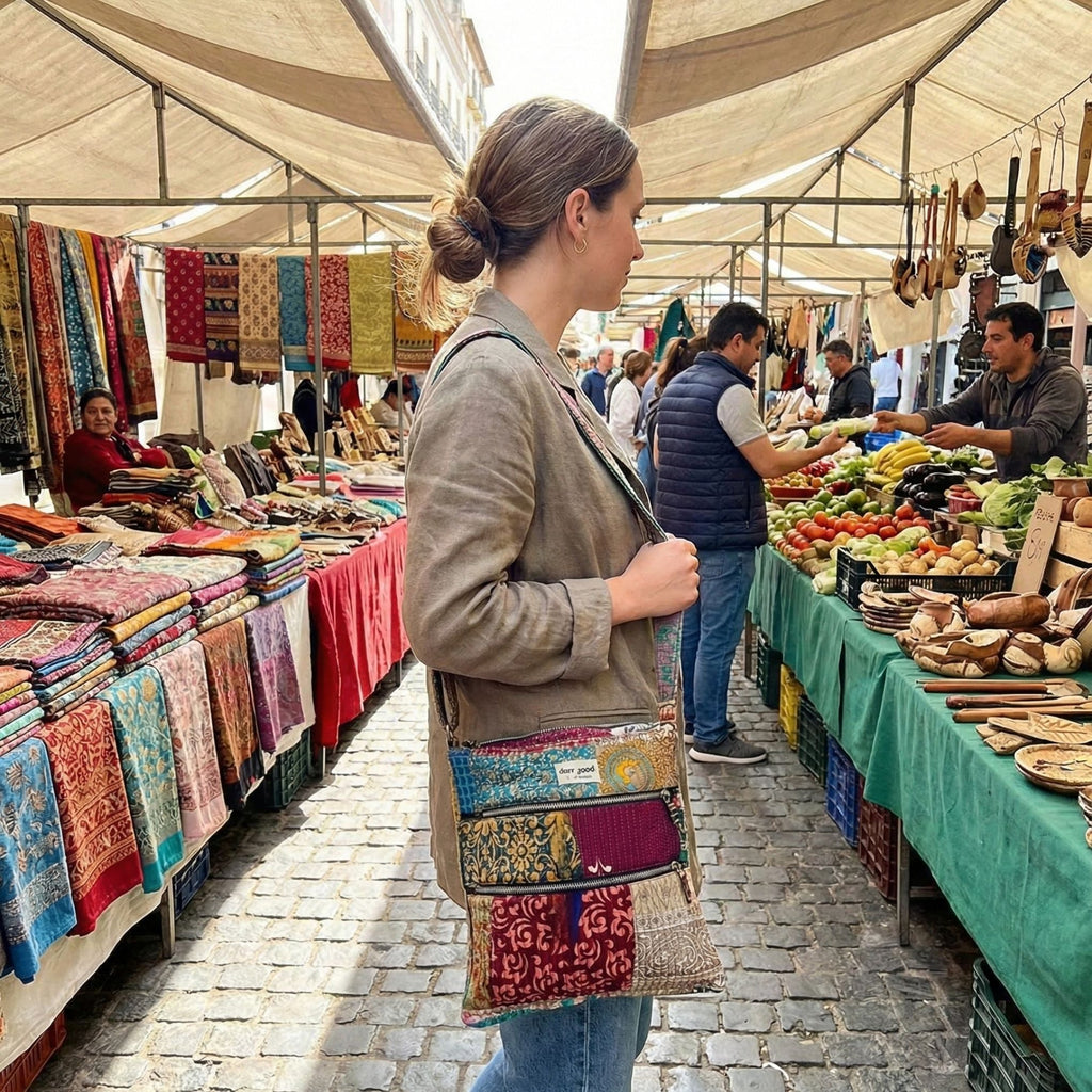 Boho crossbody bag with multicolor patchwork and multiple front zippers