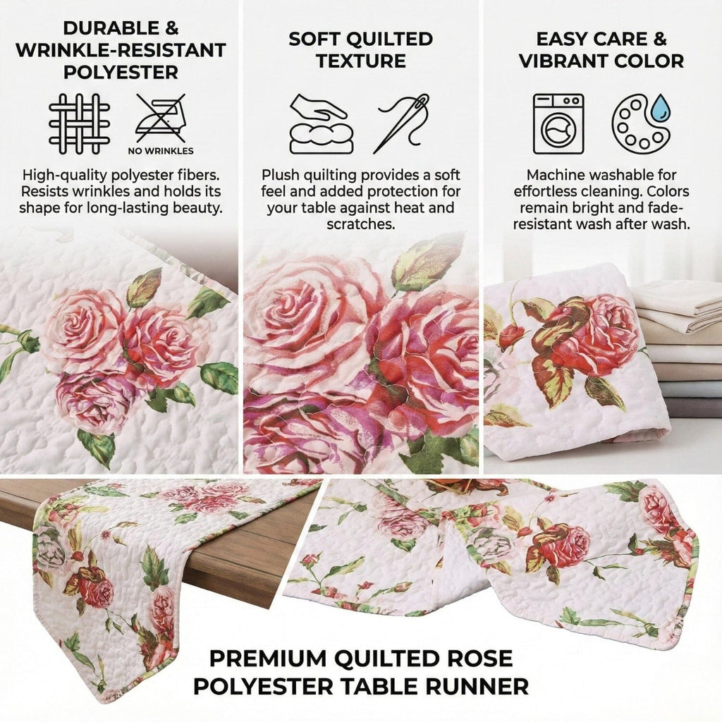Quilted rose table runner, white with pink floral roses and green leaves.