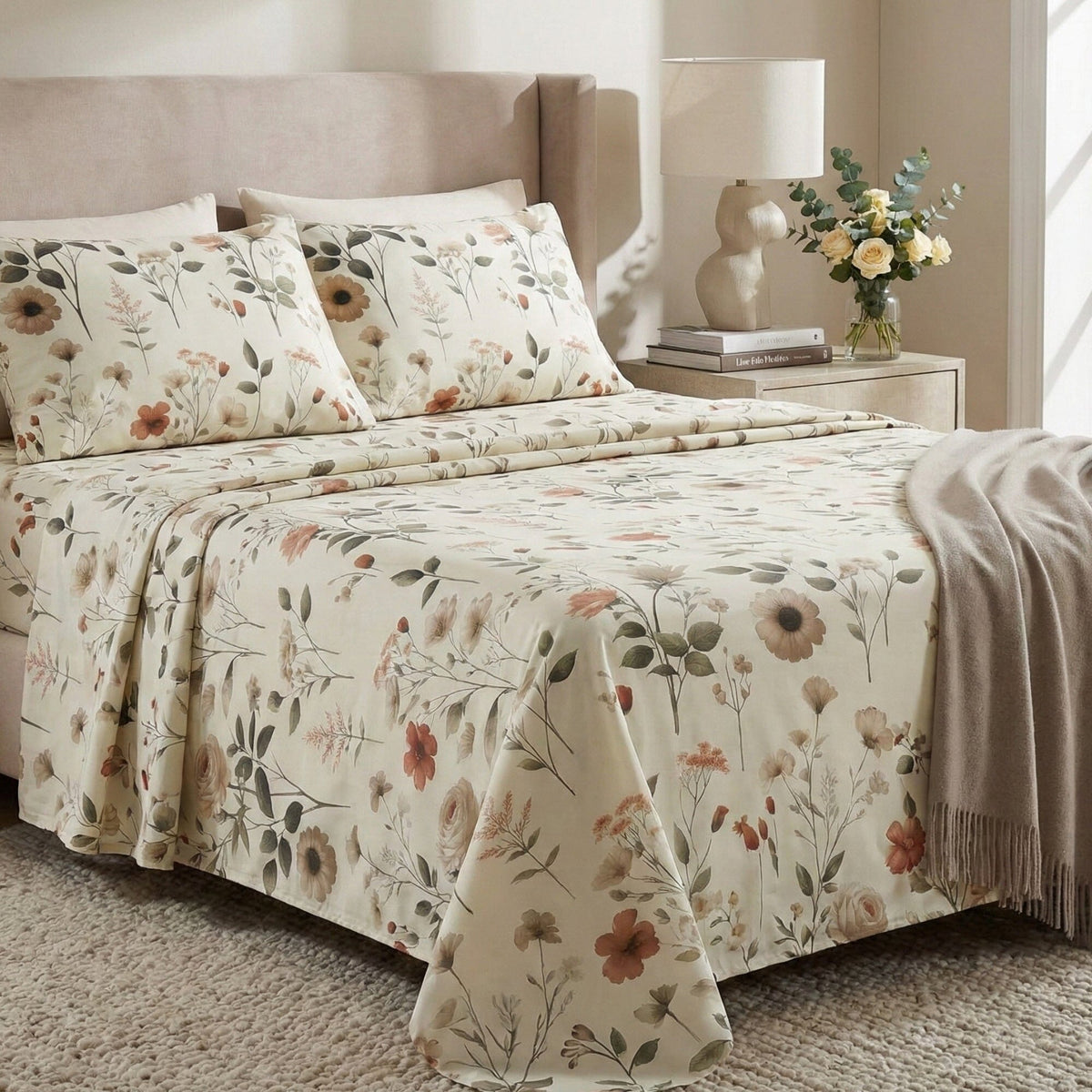 Floral microfiber sheet set with pillowcases and draped top sheet, botanical floral pattern