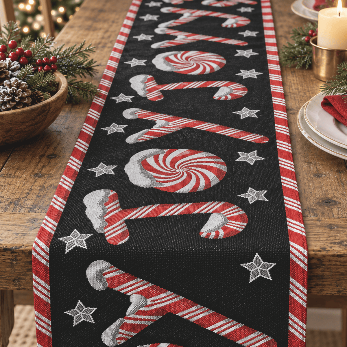 DaDa Bedding Peppermint Joy Red Black Holiday Tapestry Dining Table Runner (12904)