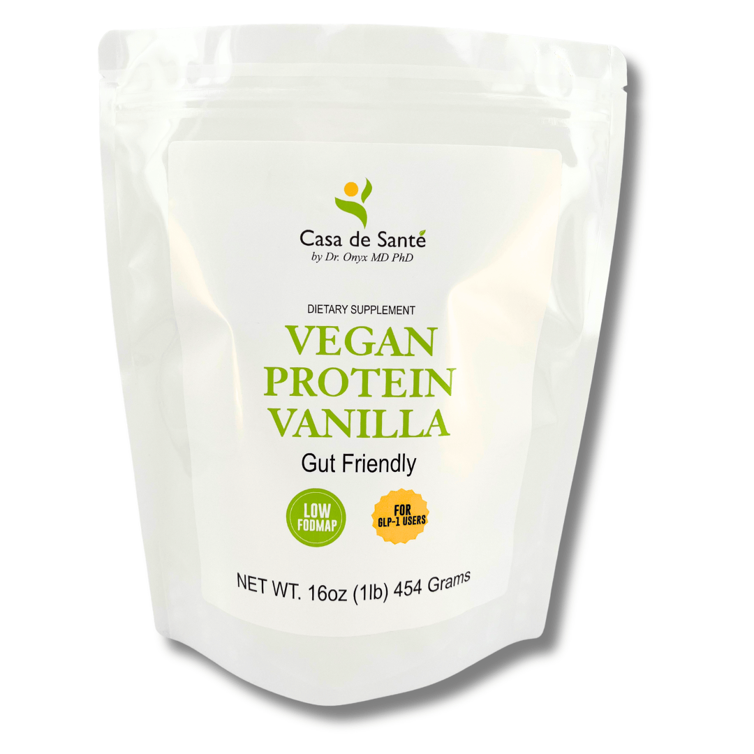 Vegan protein powder pouch, vanilla flavor, Casa de Sante front label
