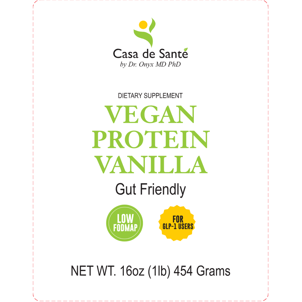 Vegan protein powder pouch label: Vegan Protein Vanilla, gut friendly, 16 oz