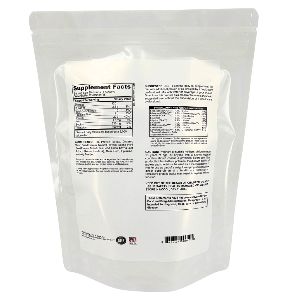 Back of vegan protein powder pouch with supplement facts and ingredient panel