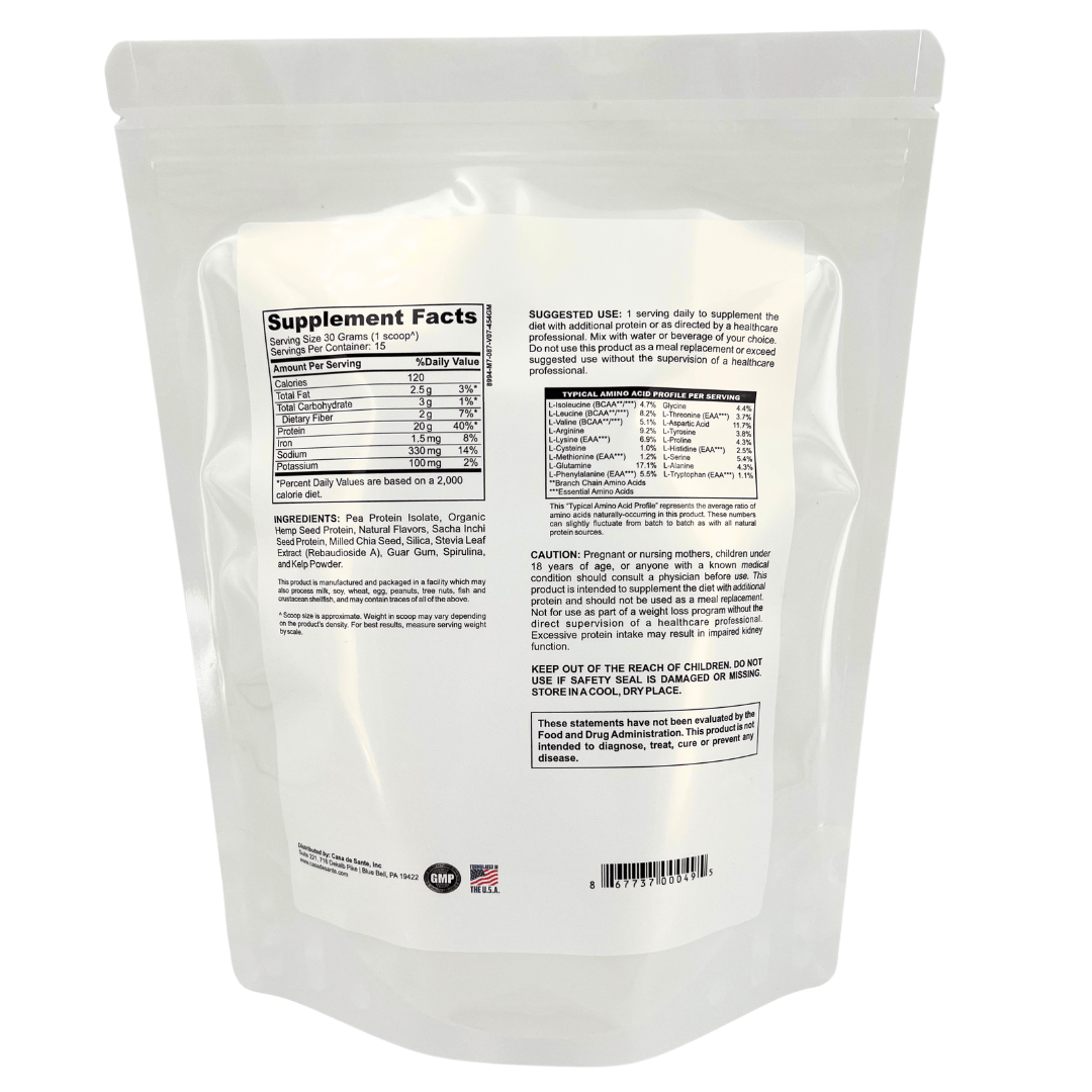 Back of vegan protein powder pouch with supplement facts and ingredient panel