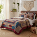 Patchwork bedspread quilt set with floral and geometric blocks in blue, red, and tan