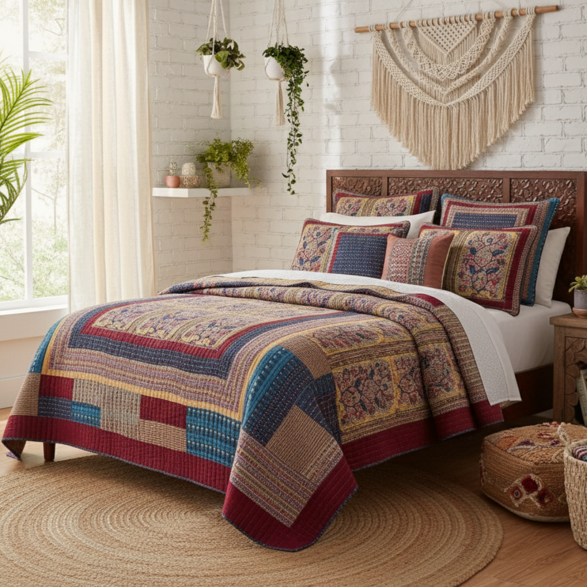 Patchwork bedspread quilt set with floral and geometric blocks in blue, red, and tan