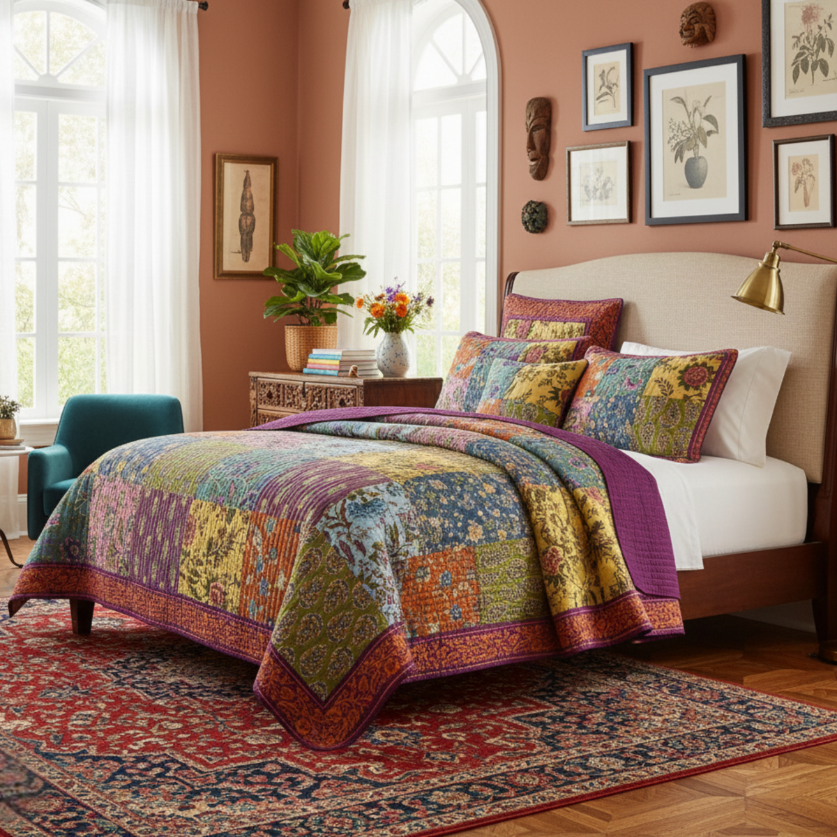 Quilted cotton bedspread set with colorful floral patchwork and coordinating pillow shams