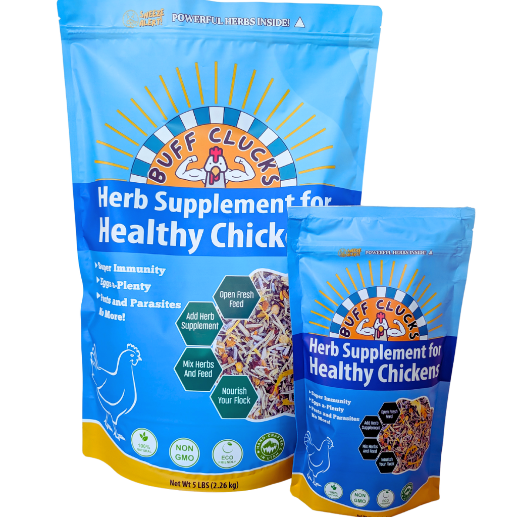 Herb supplement pouches for healthy chickens, two blue resealable bags