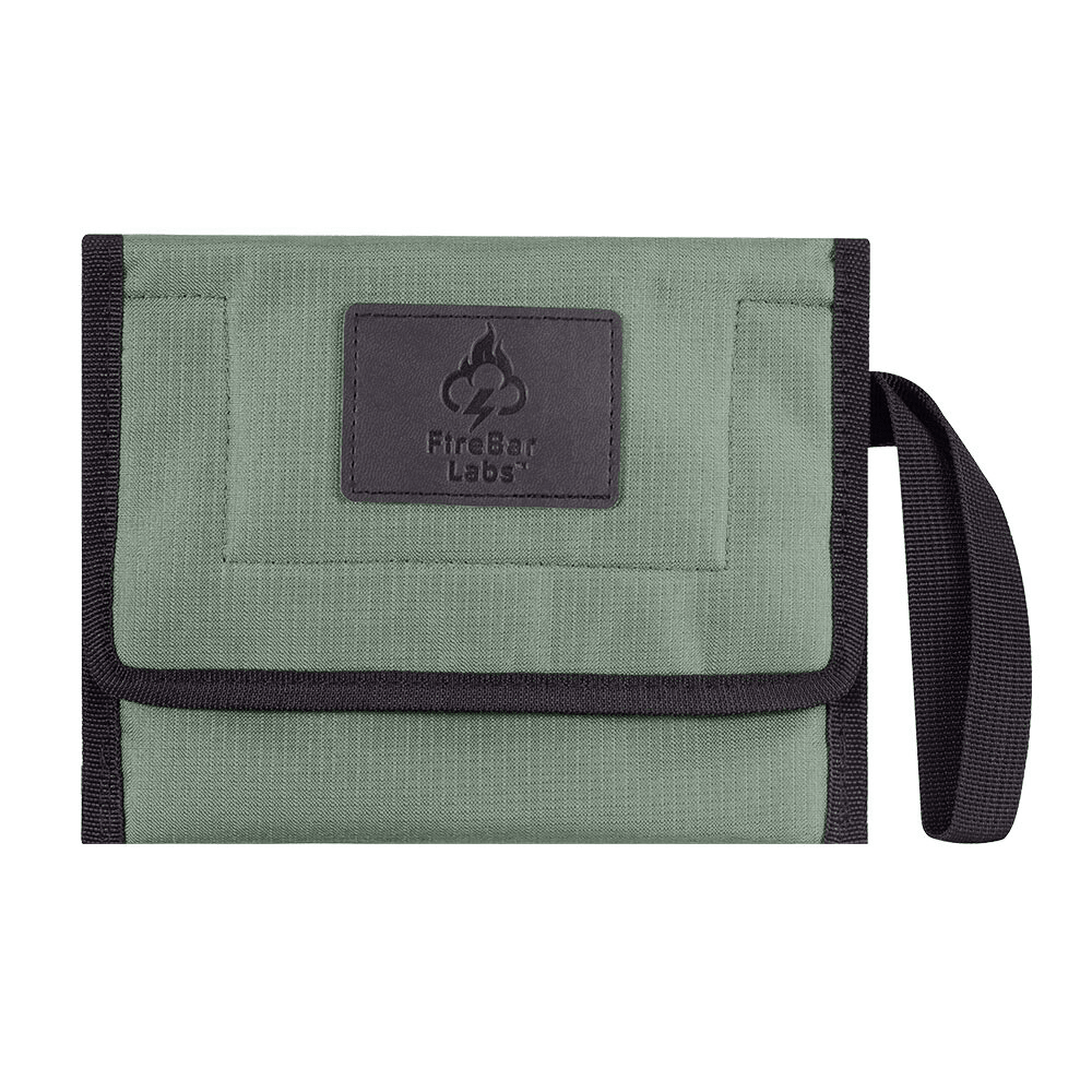 Desert sage smell-proof travel wallet with front logo patch and wrist strap