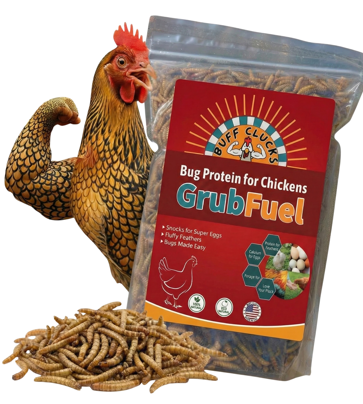 GrubFuel bug protein pouch for chickens, with dark larvae and hen beside it.