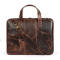 Brown leather laptop briefcase with top handle and front panel strap detail