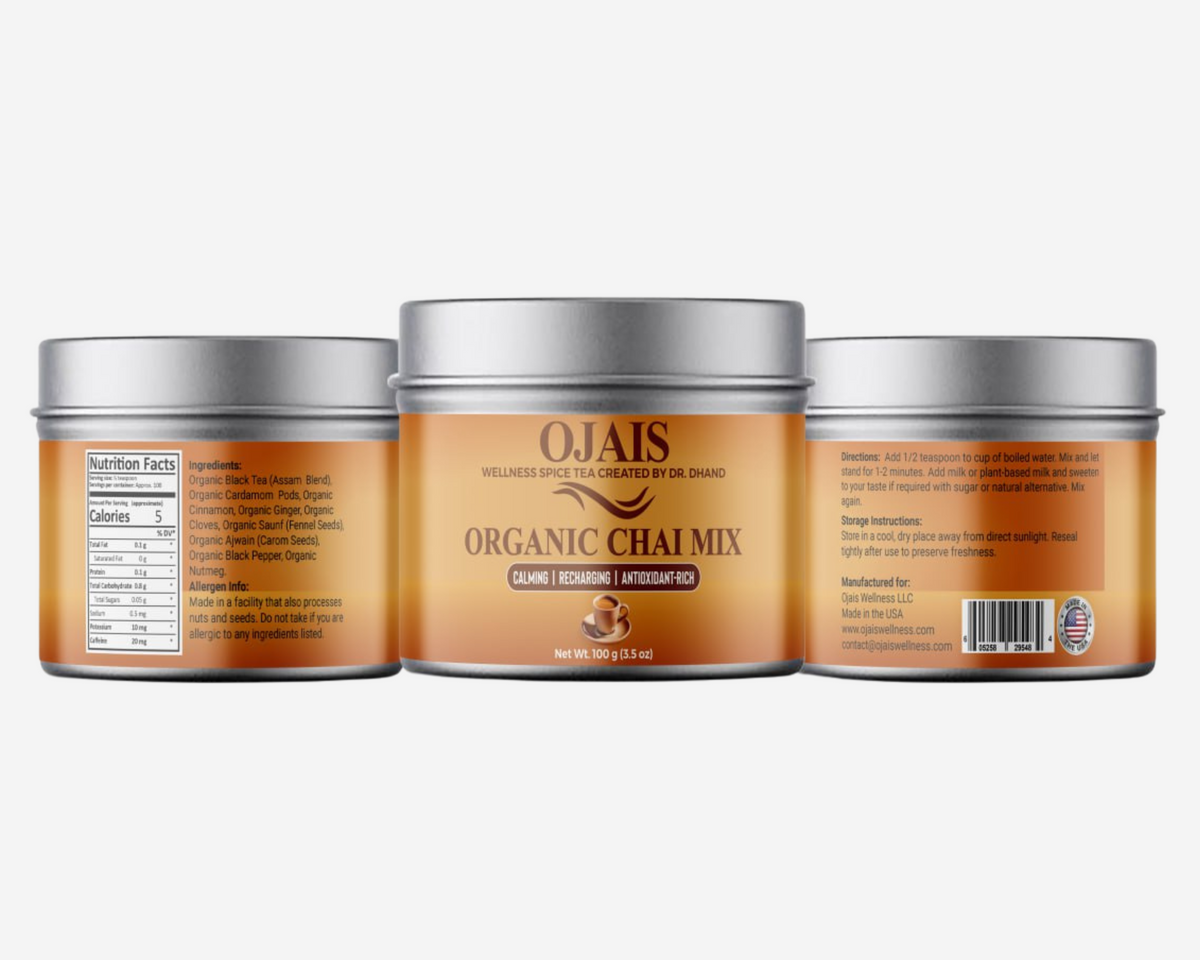 OJais organic chai mix canisters with silver lids, front and side views